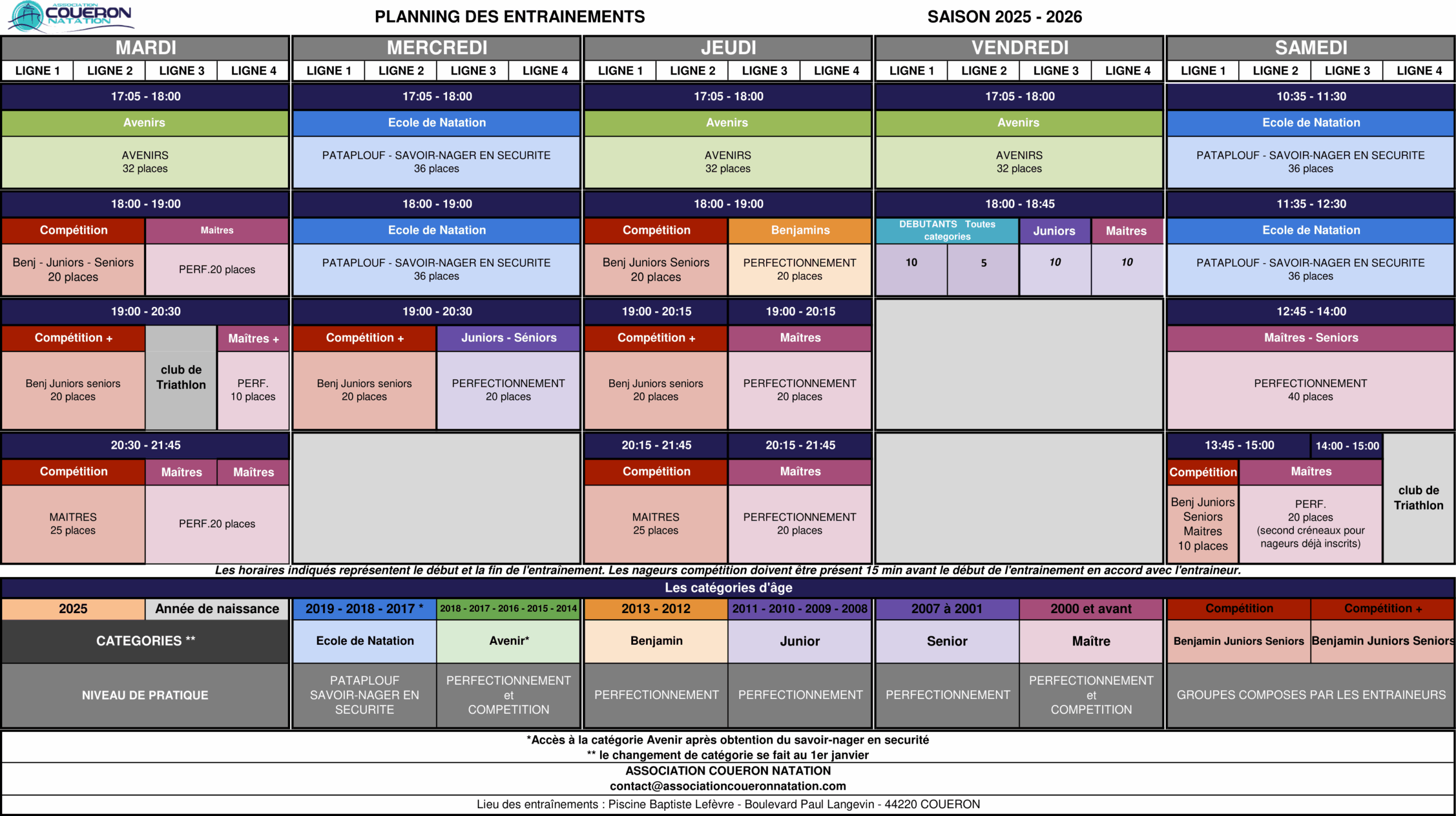 Planning des entraînements - Saison 2025-2026