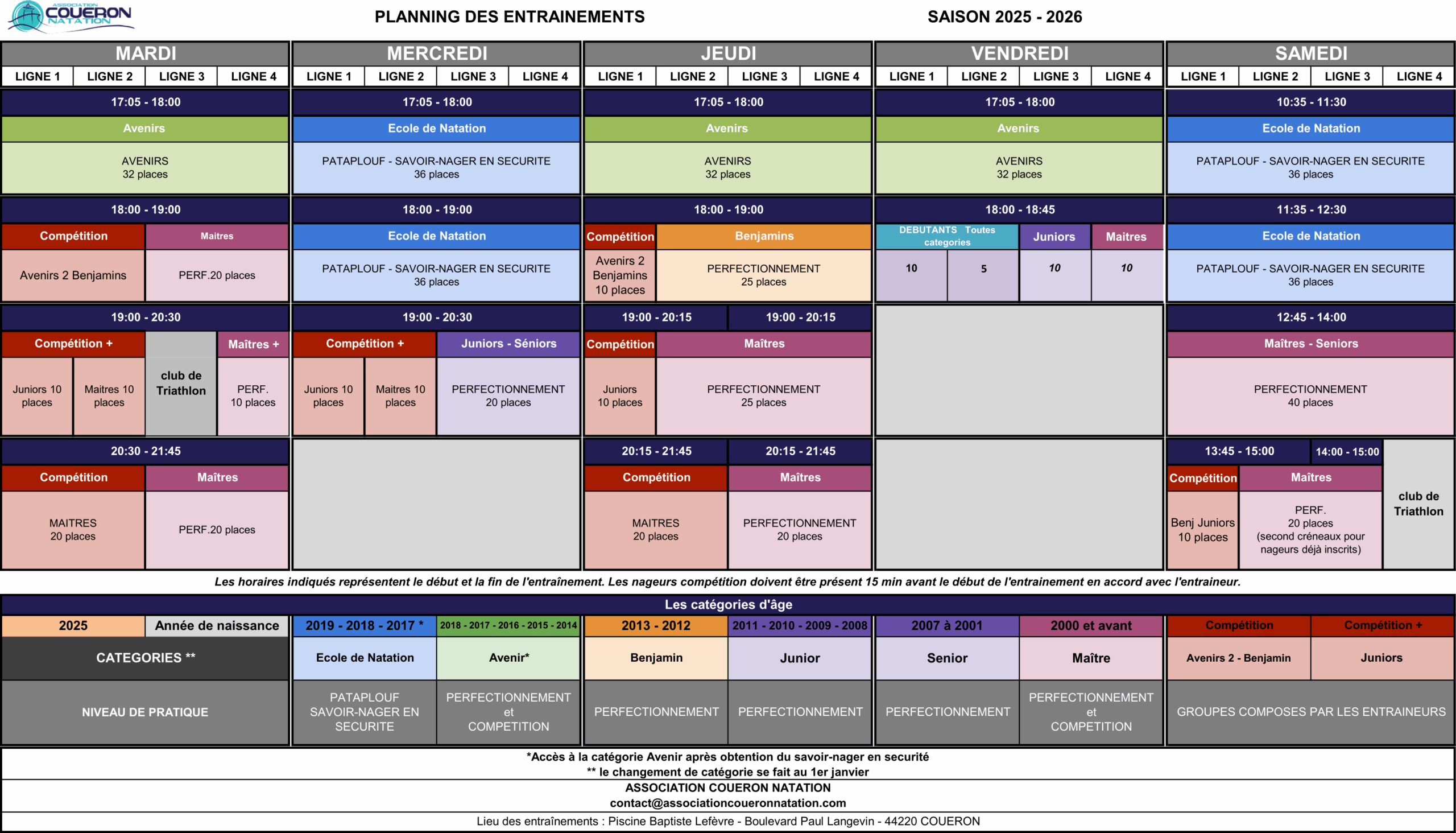 Planning des entraînements - Saison 2025-2026